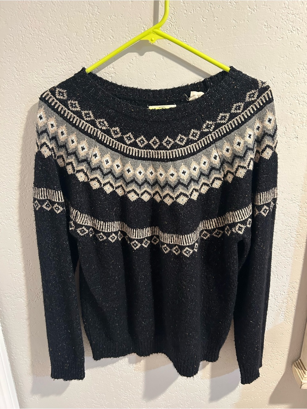 Weatherproof Black Crewneck Sweater with White Fair Isle Yoke